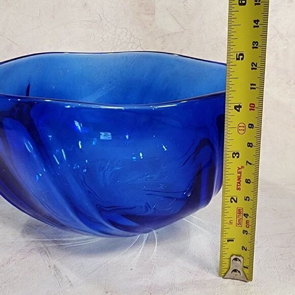 Michael Trimpol 7" D Decorative Sheer Cobalt Blue Swirl Bowl Art Glass Signed 03 - Picture 4 of 9